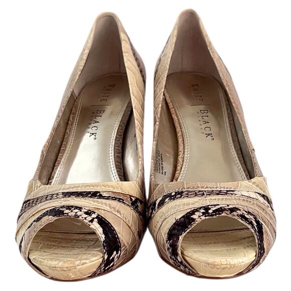 WHITE HOUSE BLACK MARKET Isaac Size 9M Beige Black Snake Print Peep Toe Heels - Picture 6 of 11